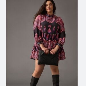 Anthropologie Tiered Mixed Print Beaded Ruffle Long Sleeve Mini Dress